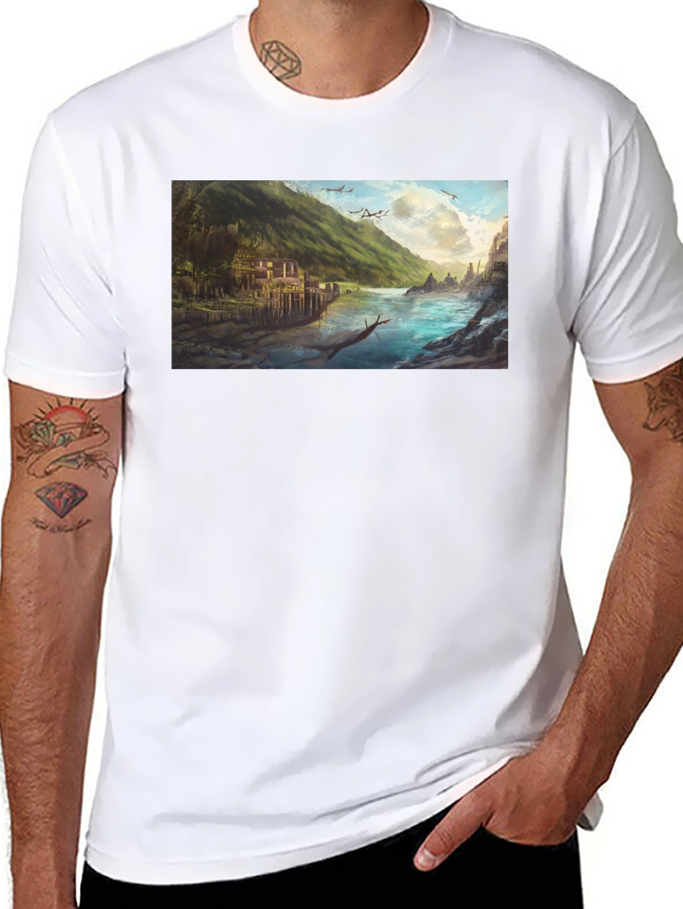 Scenic River Landscape Graphic Tee - Black