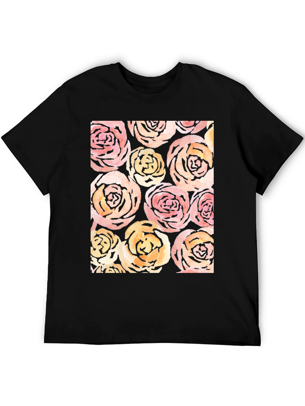 Floral Roses Print Black T-Shirt