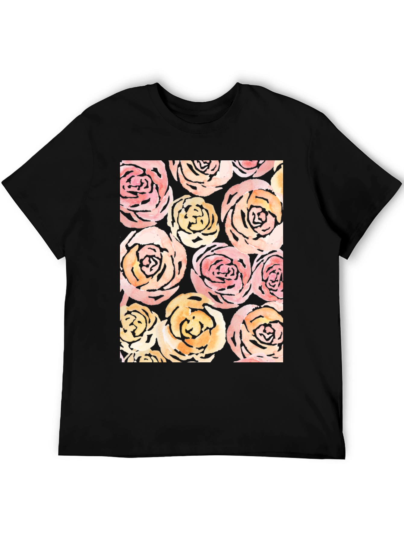 Floral Roses Print Black T-Shirt