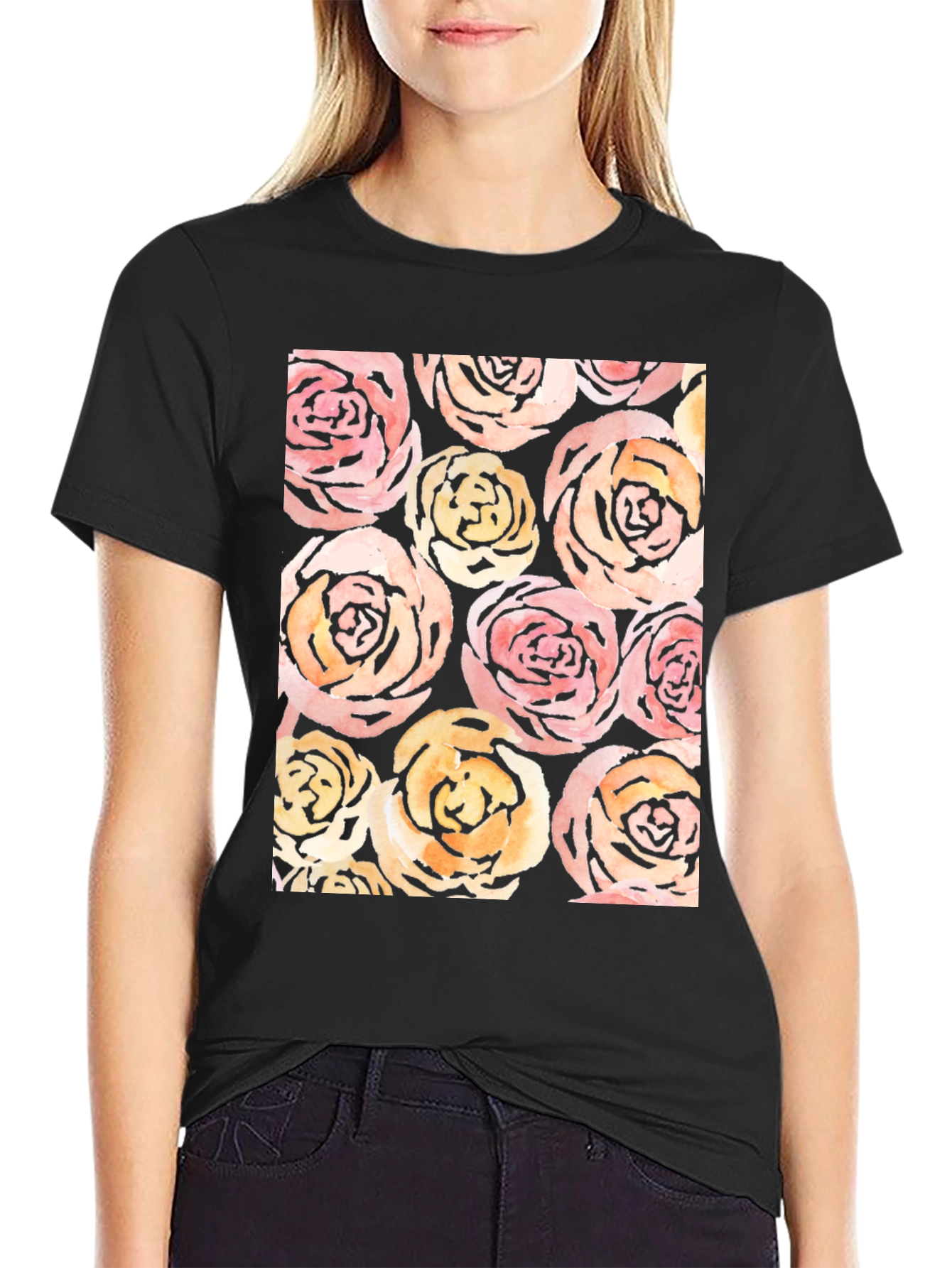 Floral Roses Print Black T-Shirt