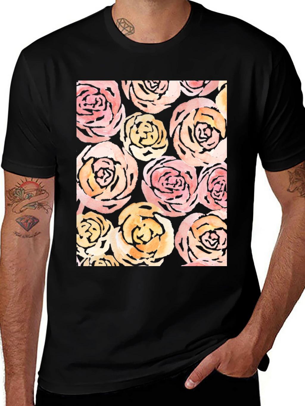 Floral Roses Print Black T-Shirt