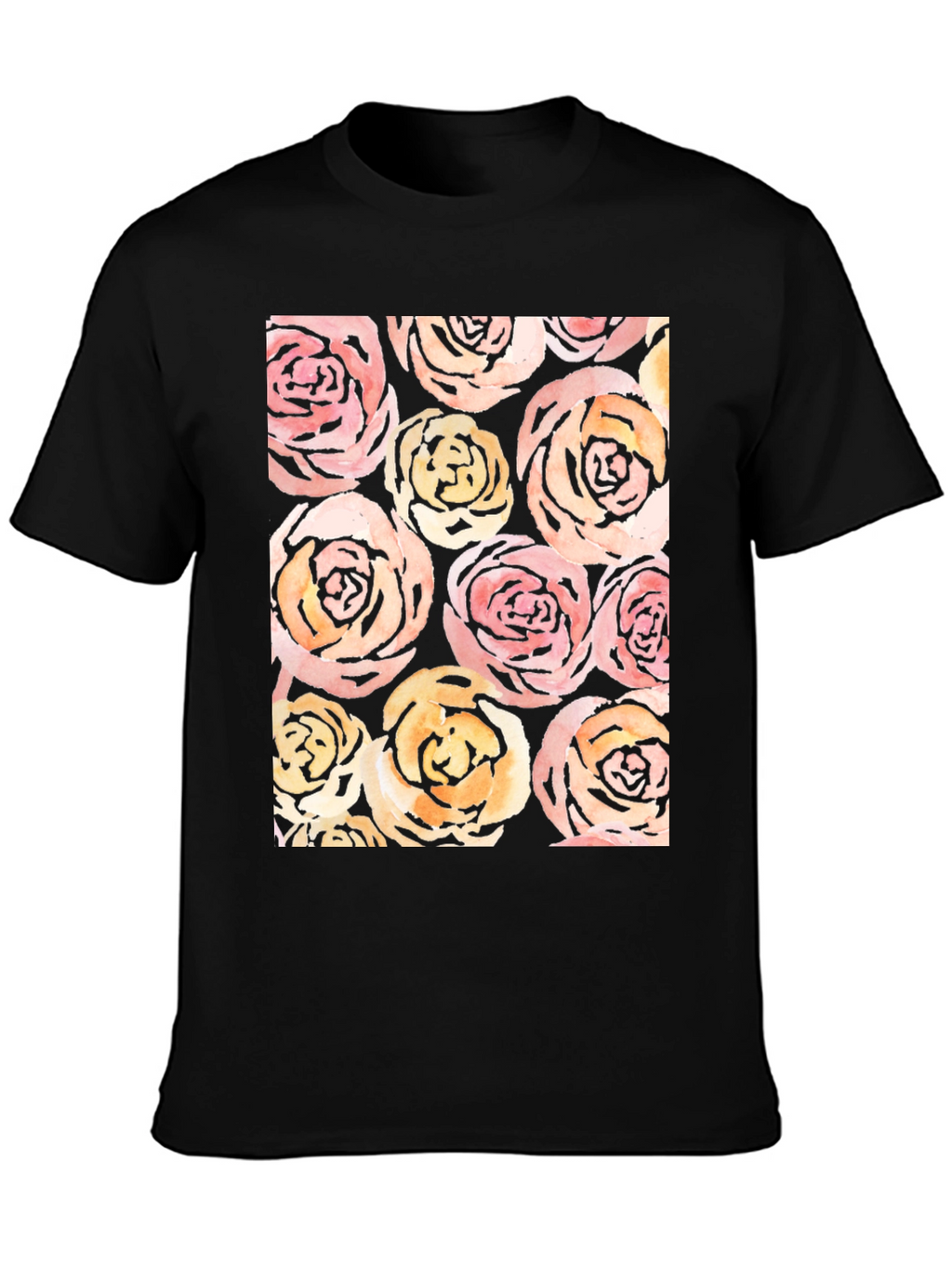 Floral Roses Print Black T-Shirt