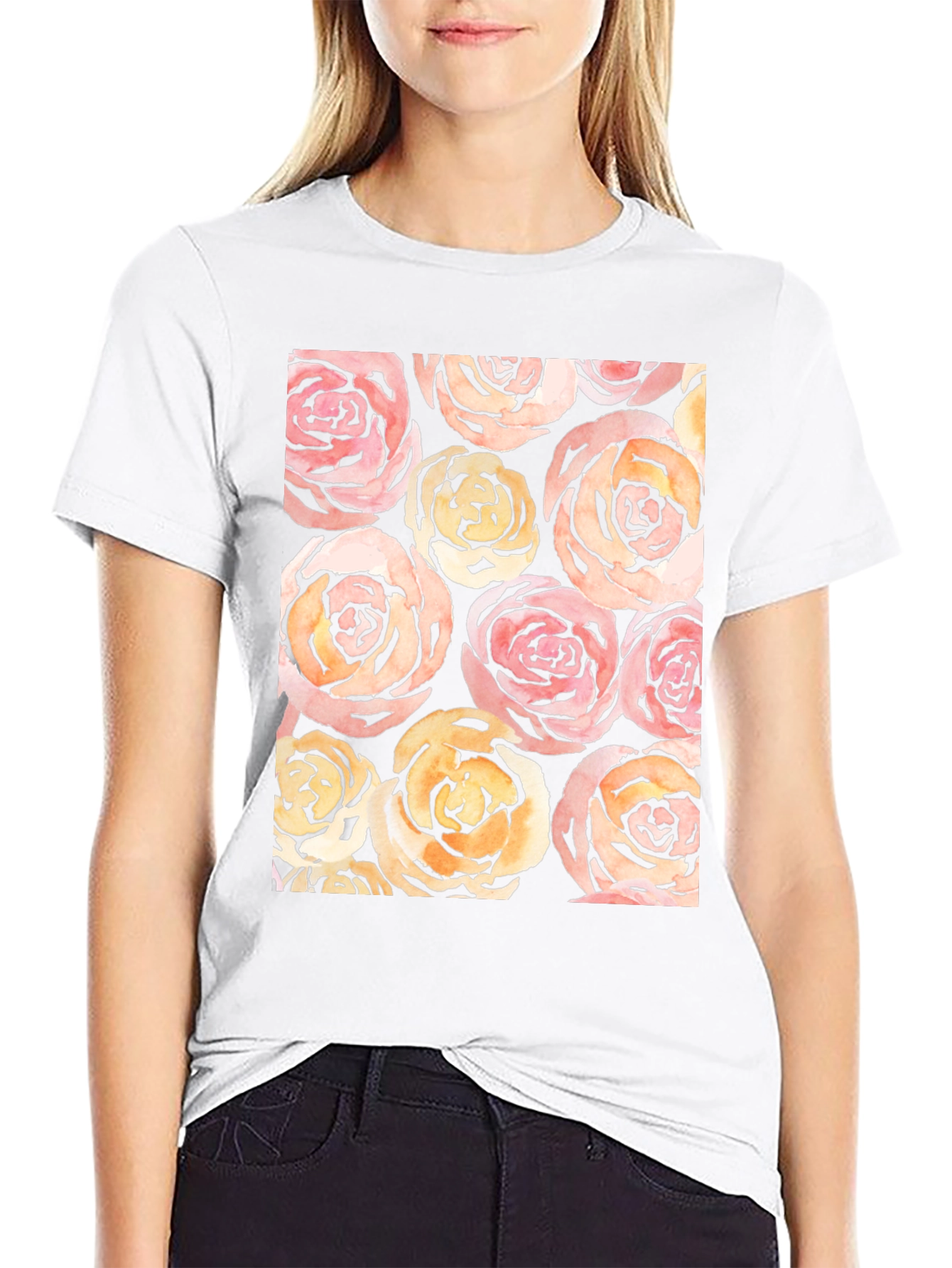 Floral Roses Print Black T-Shirt