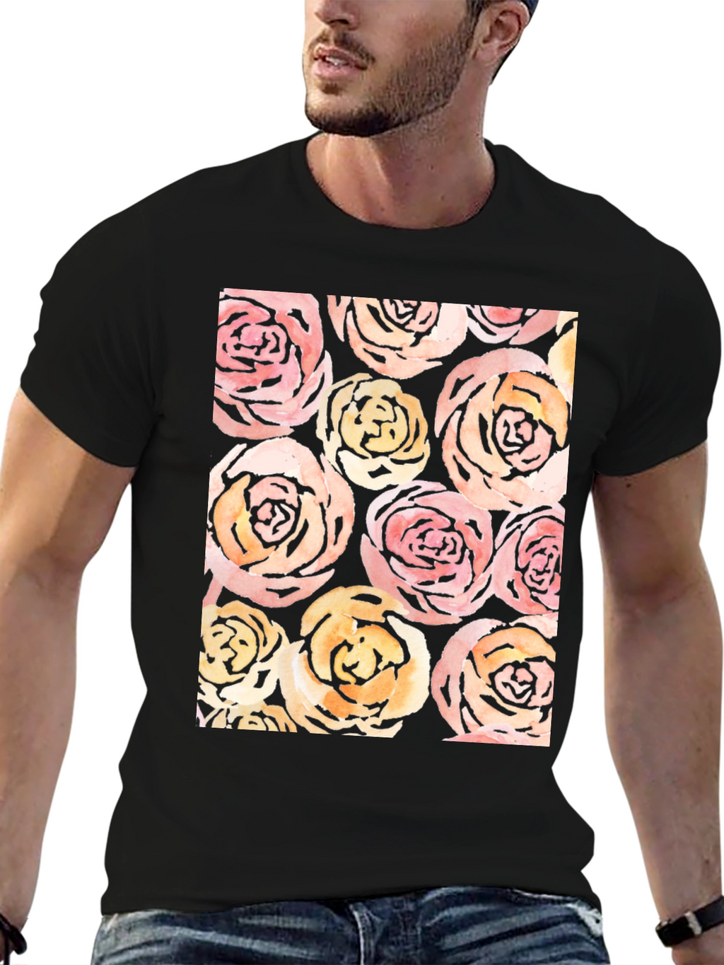 Floral Roses Print Black T-Shirt