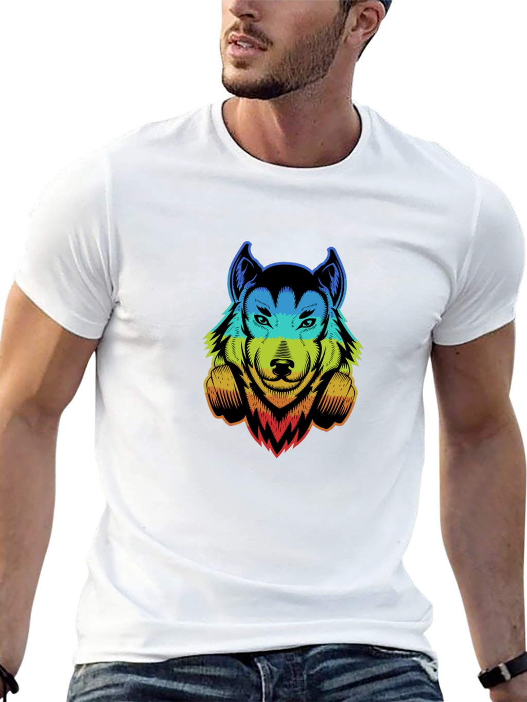 Rainbow Wolf Graphic Print Black T-Shirt