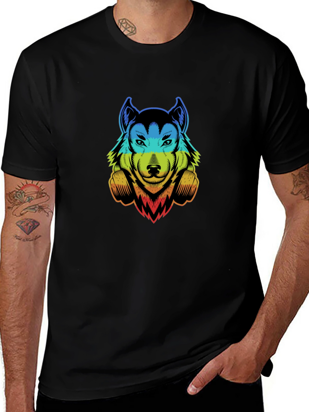 Rainbow Wolf Graphic Print Black T-Shirt