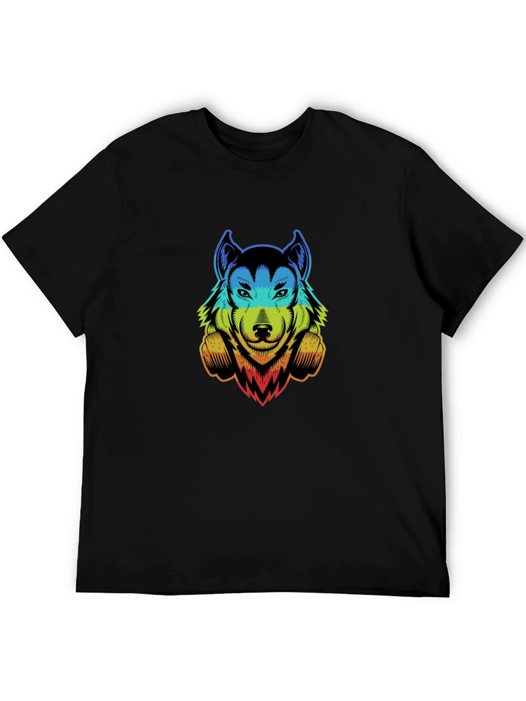 Rainbow Wolf Graphic Print Black T-Shirt