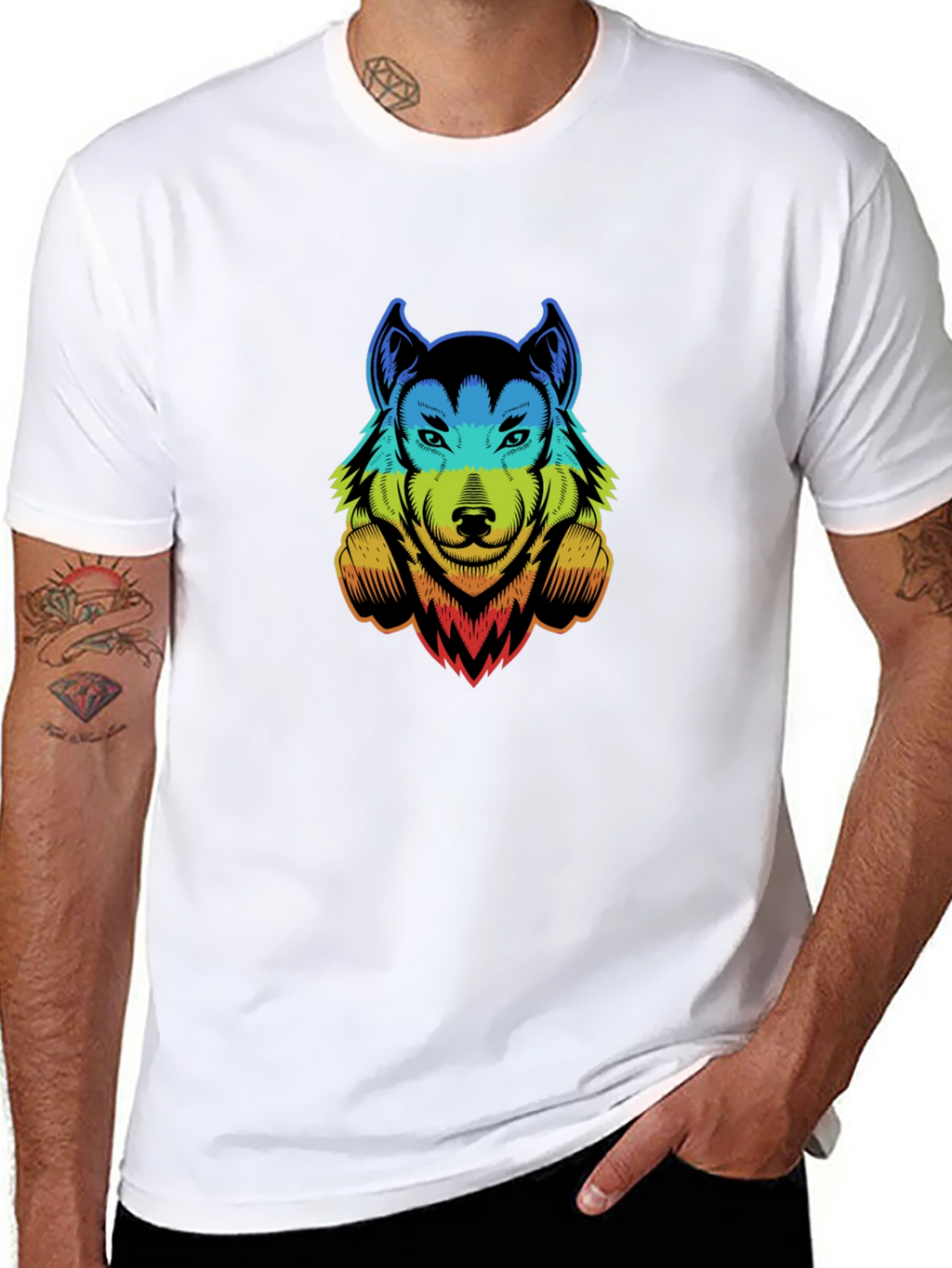 Rainbow Wolf Graphic Print Black T-Shirt