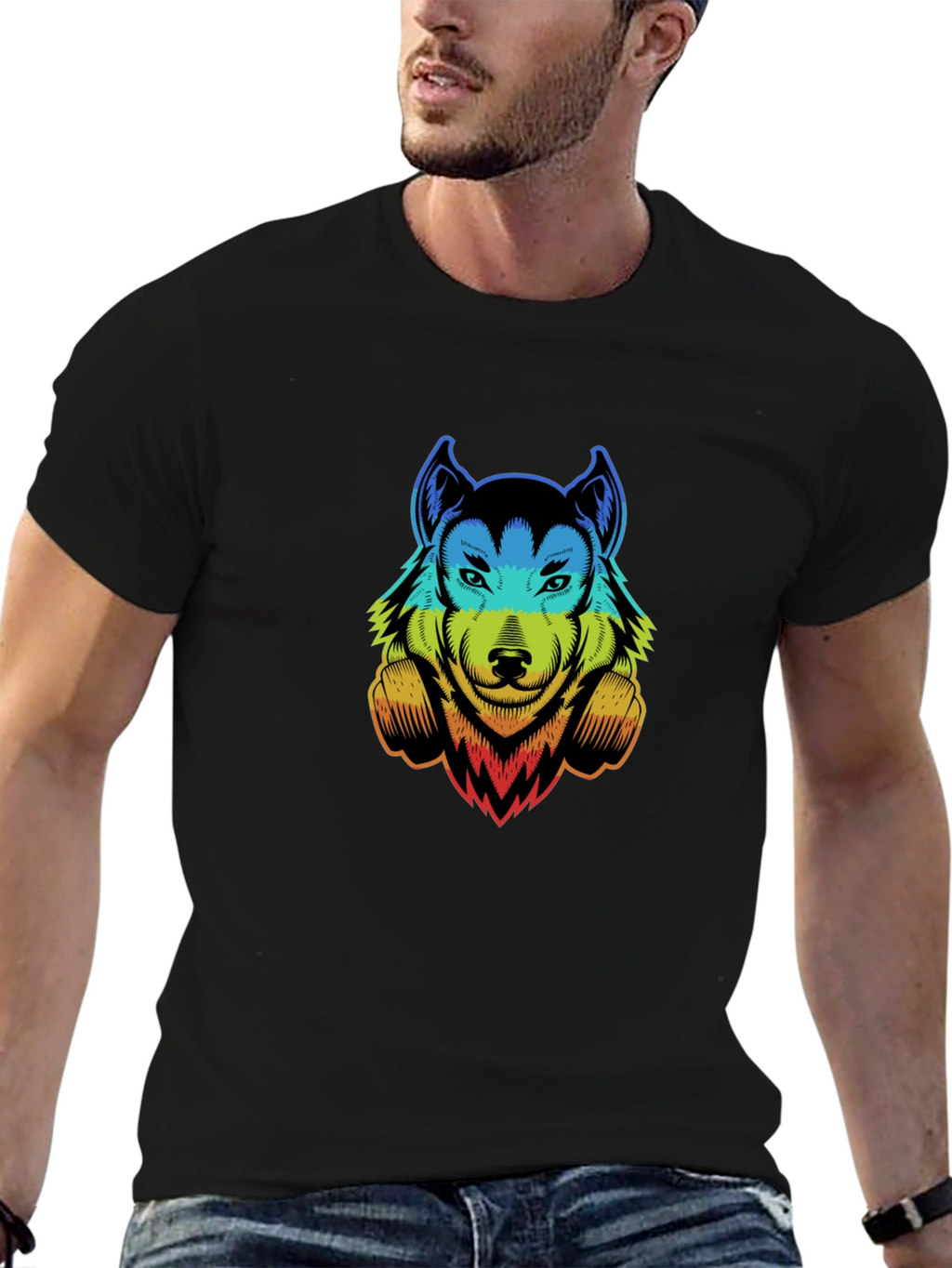 Rainbow Wolf Graphic Print Black T-Shirt