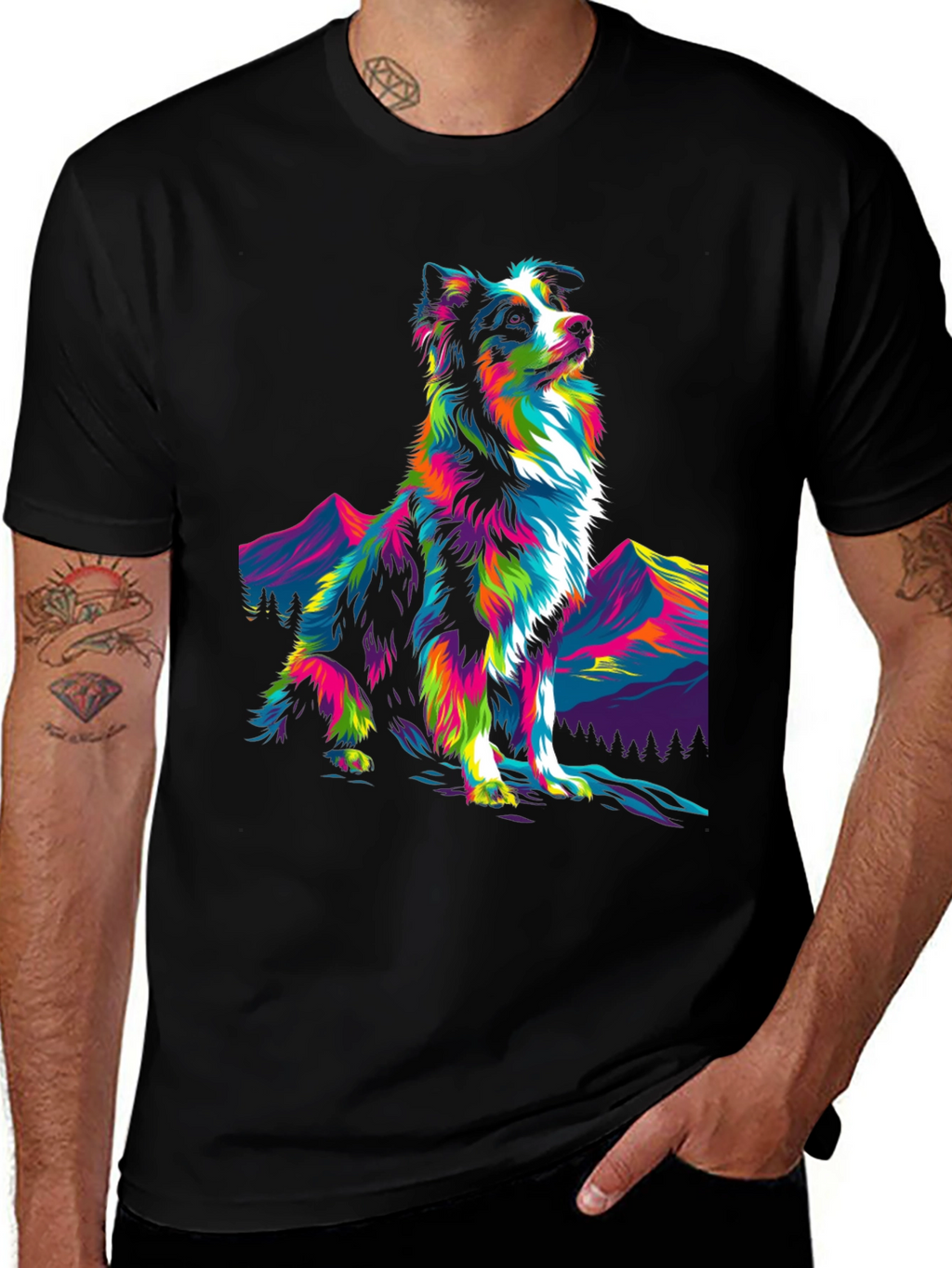 Psychedelic Dog Graphic Tee - Stylish Mens Black T-Shirt