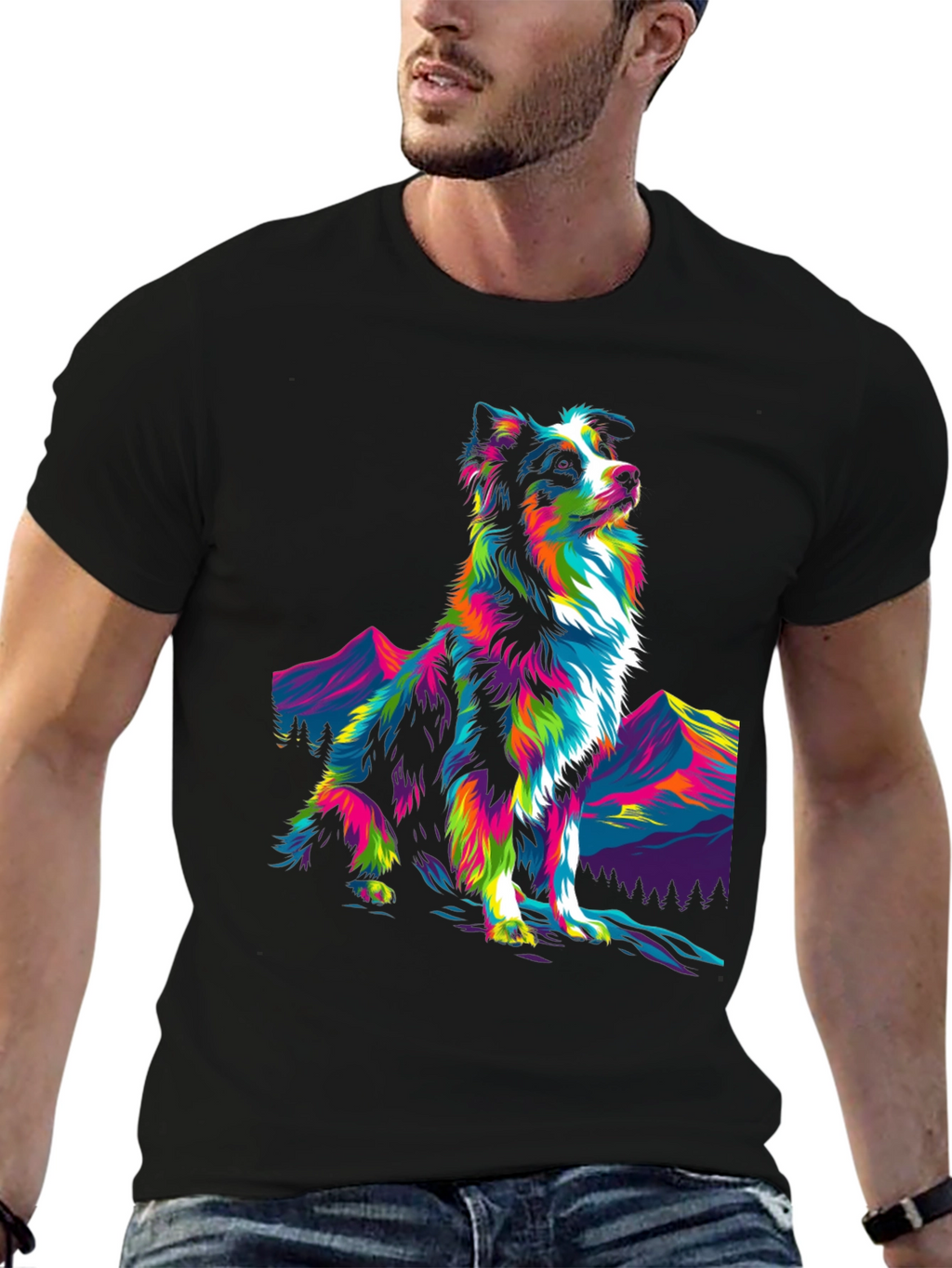 Psychedelic Dog Graphic Tee - Stylish Mens Black T-Shirt