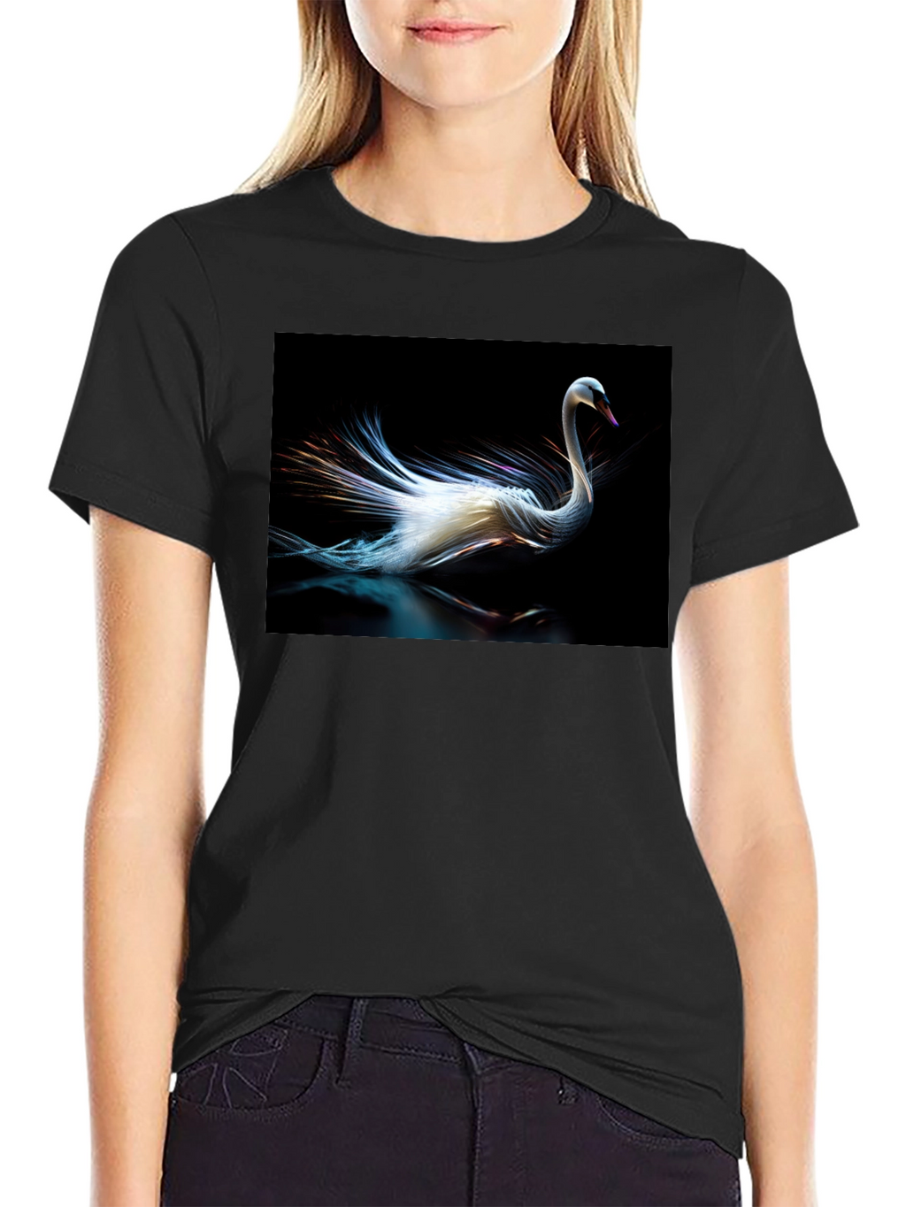 Swan Graphic Tee - Black Cotton Casual Style