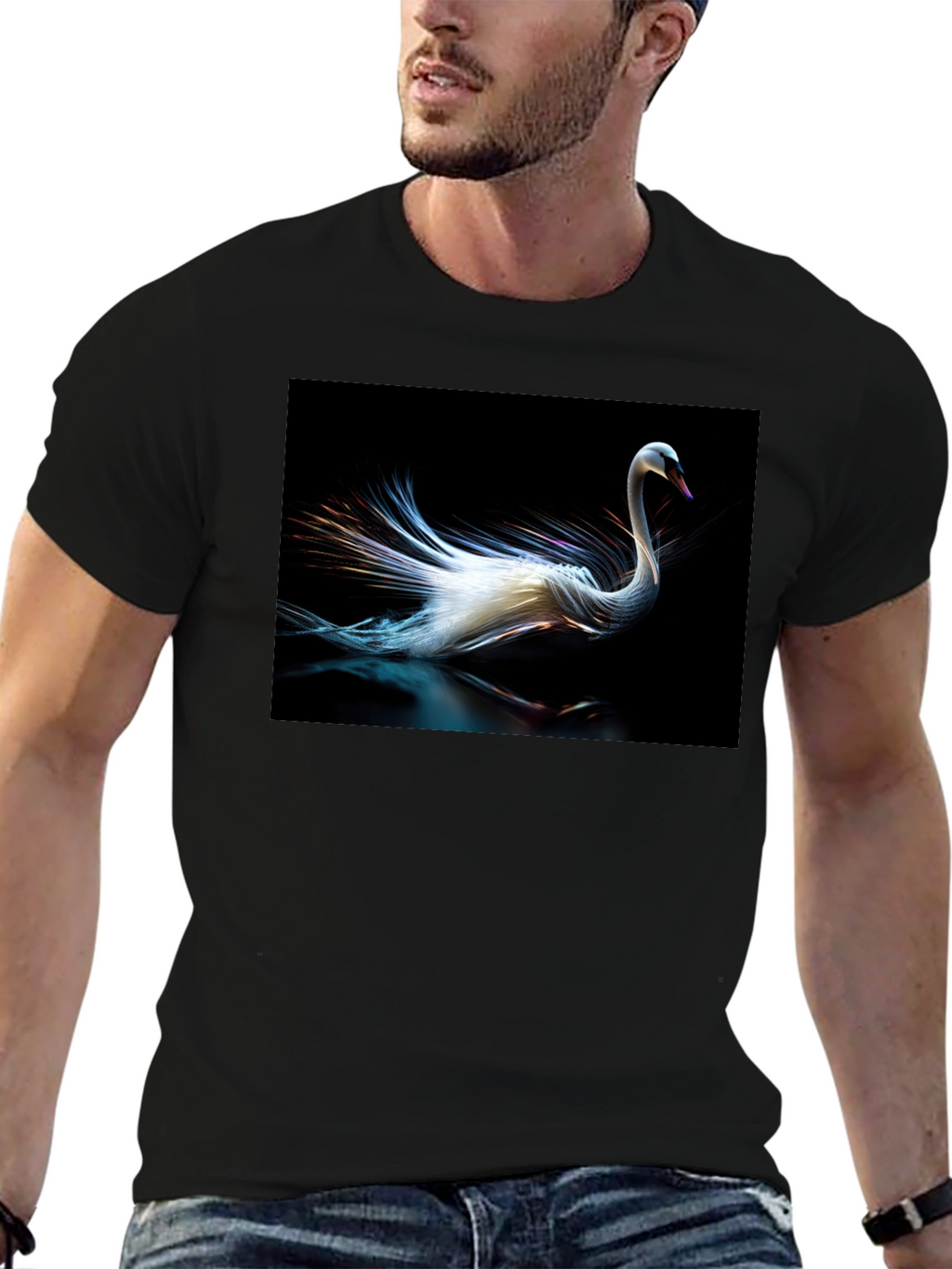 Swan Graphic Tee - Black Cotton Casual Style