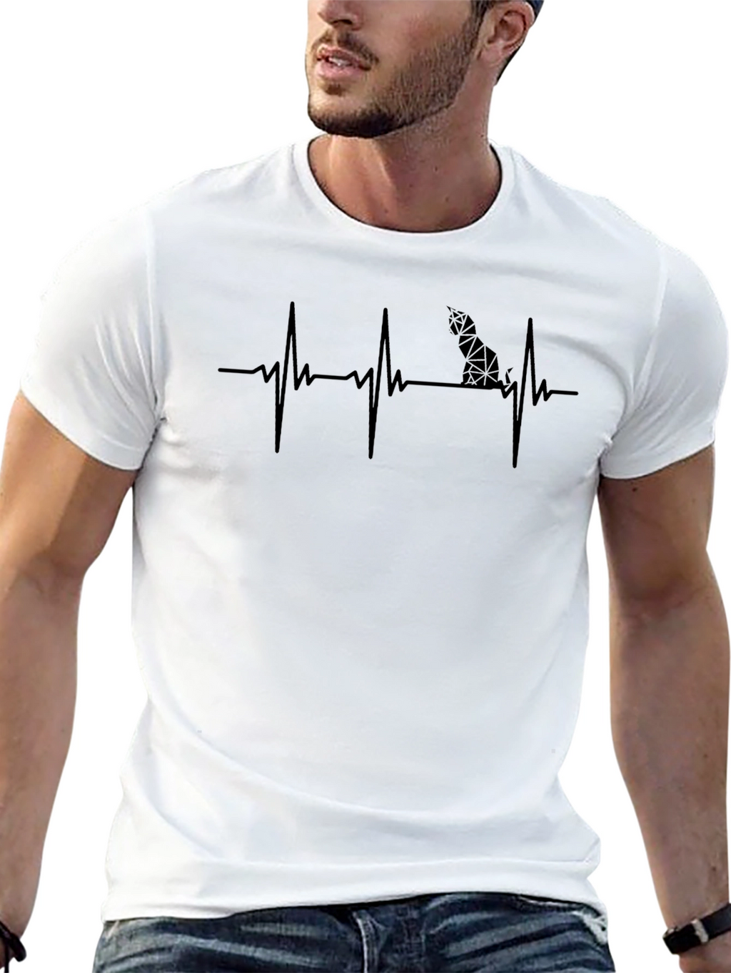 Cat Heartbeat Graphic Tee - Black Crew Neck