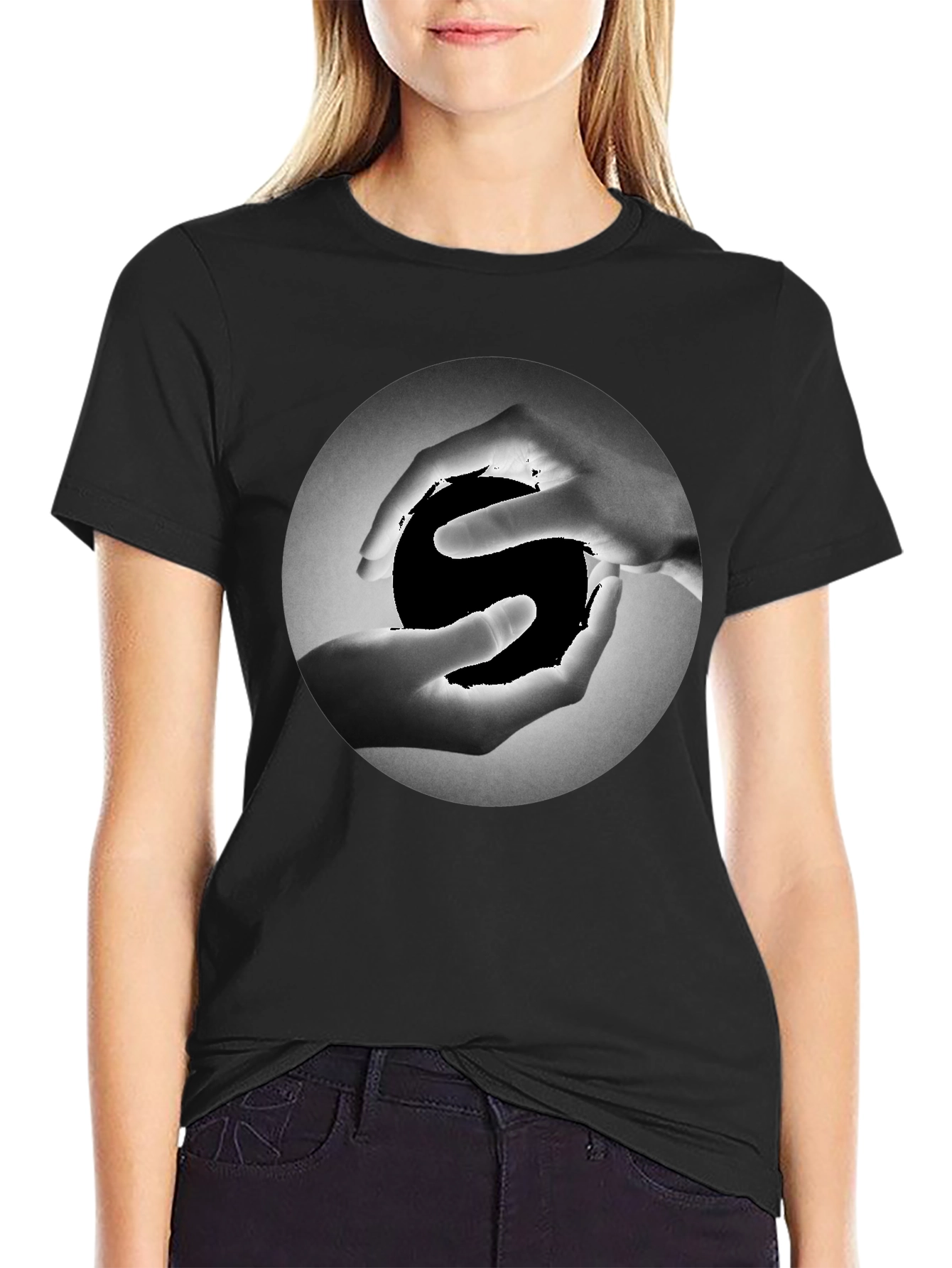 Yin Yang Hands Graphic Tee - Black Cotton T-Shirt