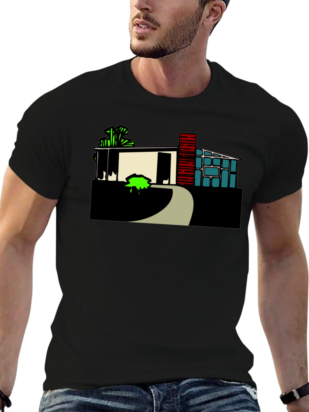 Modern House Graphic Tee - Black Cotton Blend