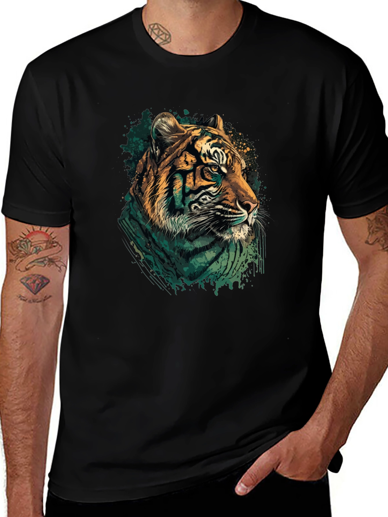 Tiger Graphic Print Black Crew Neck T-Shirt