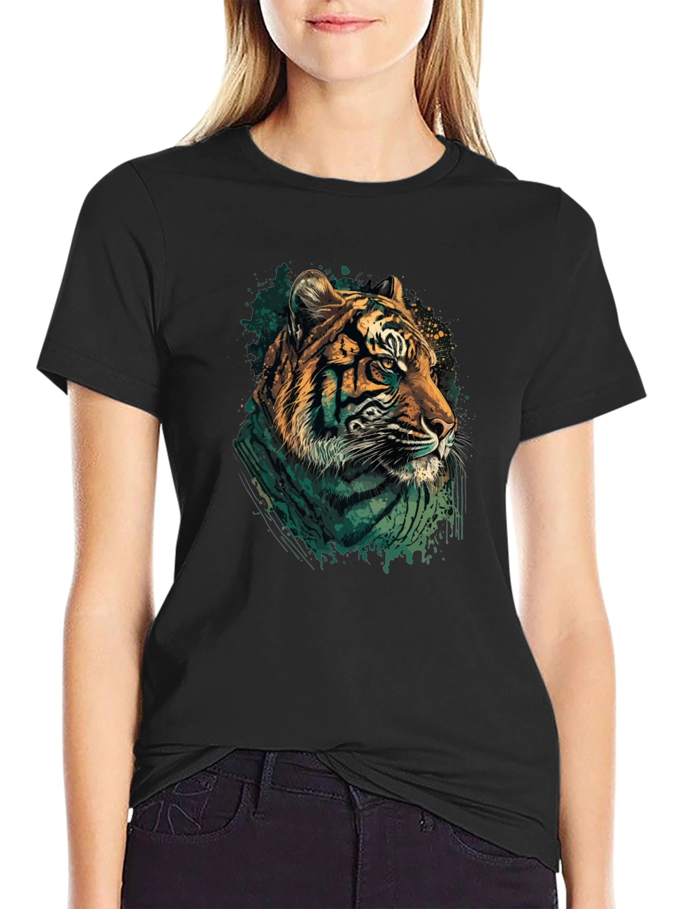 Tiger Graphic Print Black Crew Neck T-Shirt