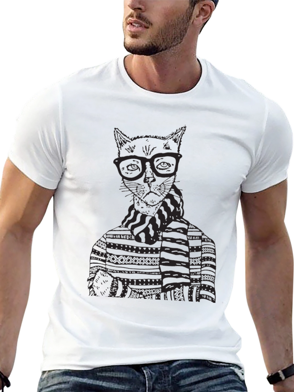 Cat in Glasses Graphic T-Shirt - Black