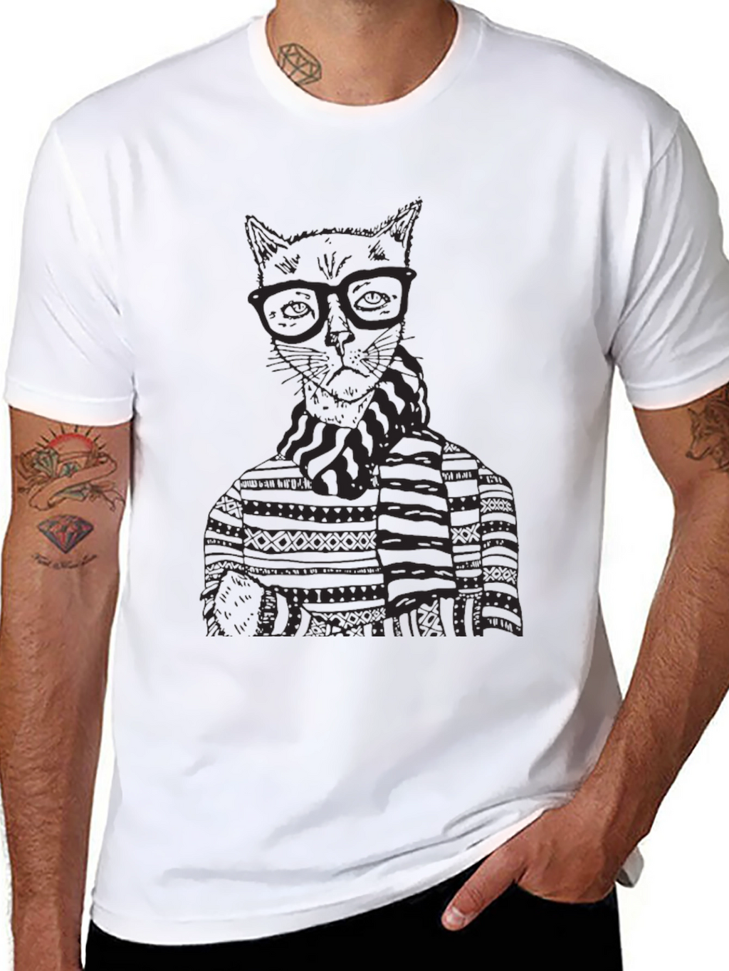 Cat in Glasses Graphic T-Shirt - Black