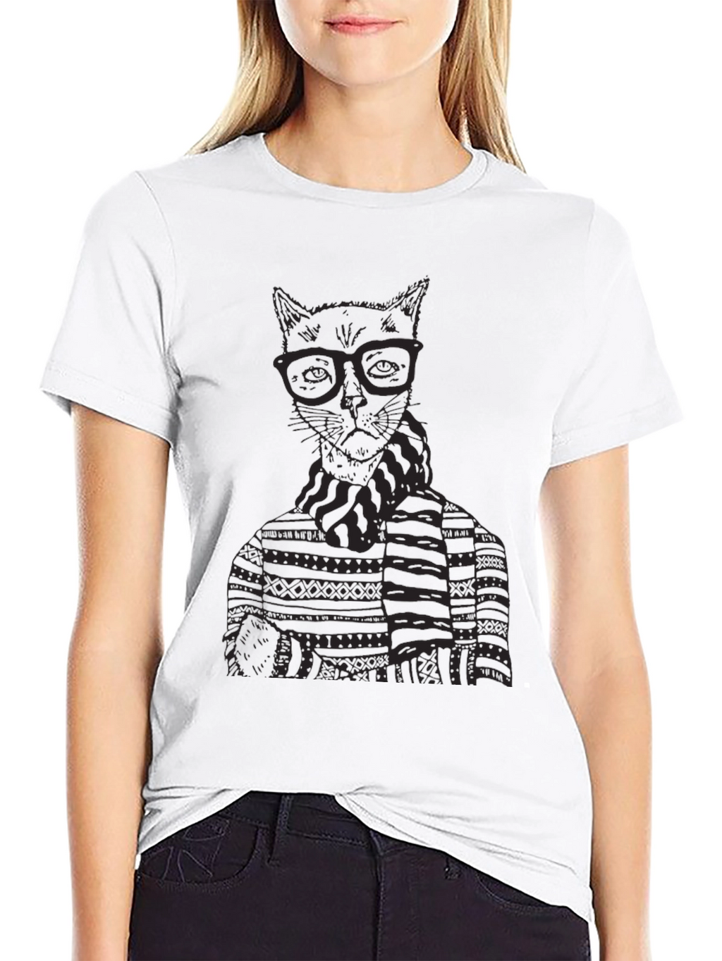 Cat in Glasses Graphic T-Shirt - Black