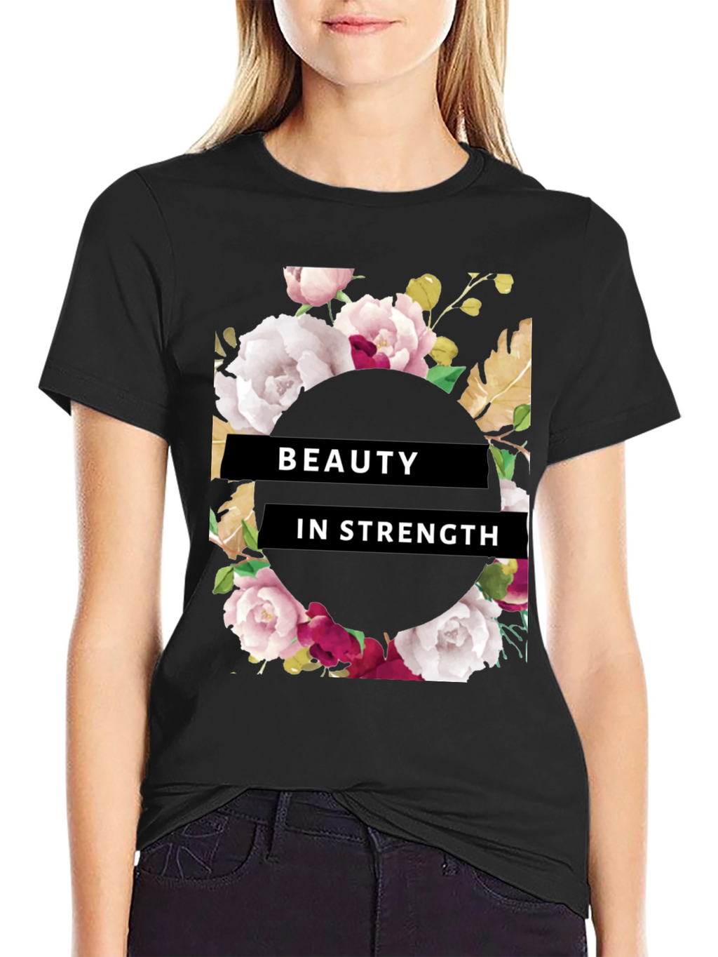 Beauty in Strength Floral Graphic Tee - Black