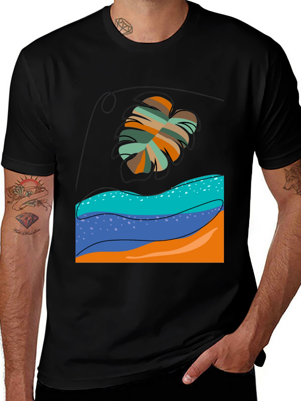 Tropical Leaf Graphic Tee - Black Casual T-Shirt