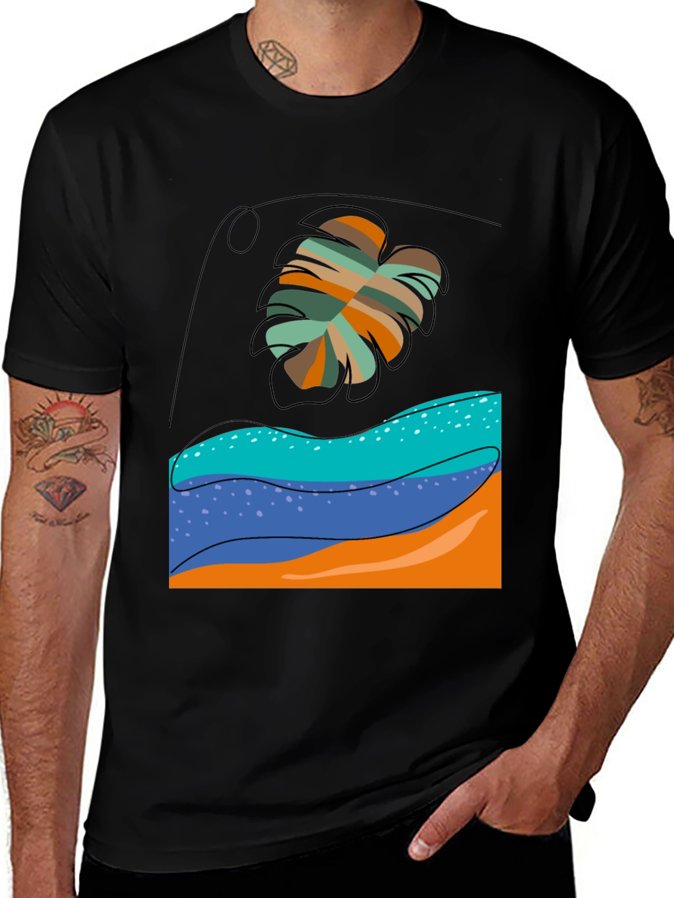 Tropical Leaf Graphic Tee - Black Casual T-Shirt