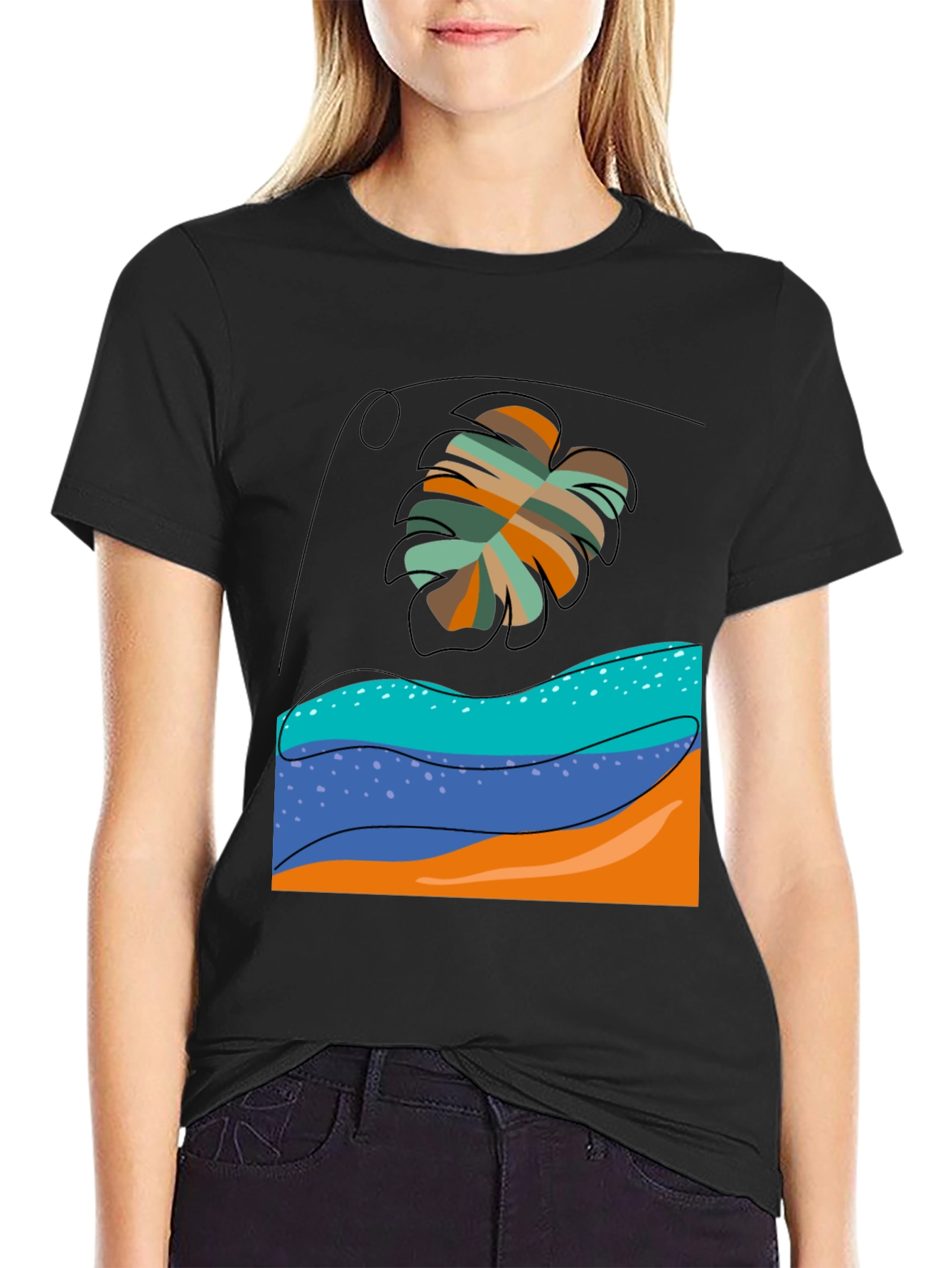 Tropical Leaf Graphic Tee - Black Casual T-Shirt