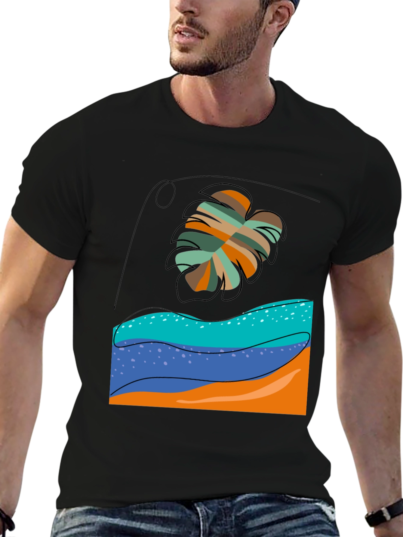 Tropical Leaf Graphic Tee - Black Casual T-Shirt