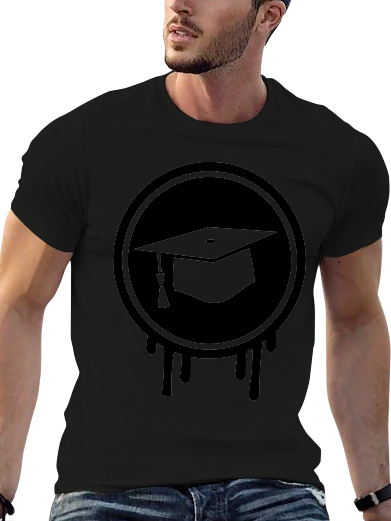 Graduation Cap Drip Tee - Black Graphic T-Shirt