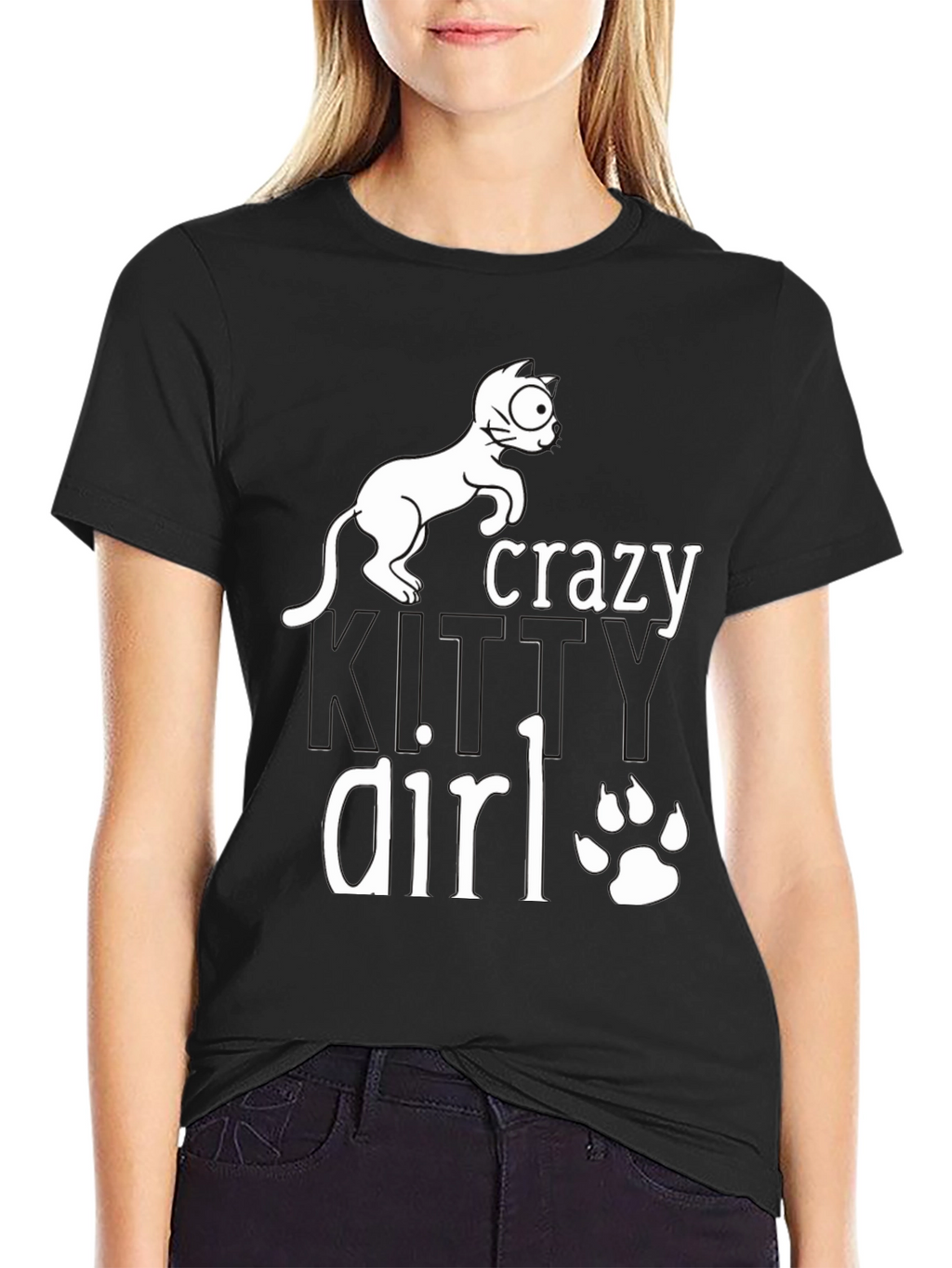 Crazy Cat Girl T-Shirt - Black Cotton Tee