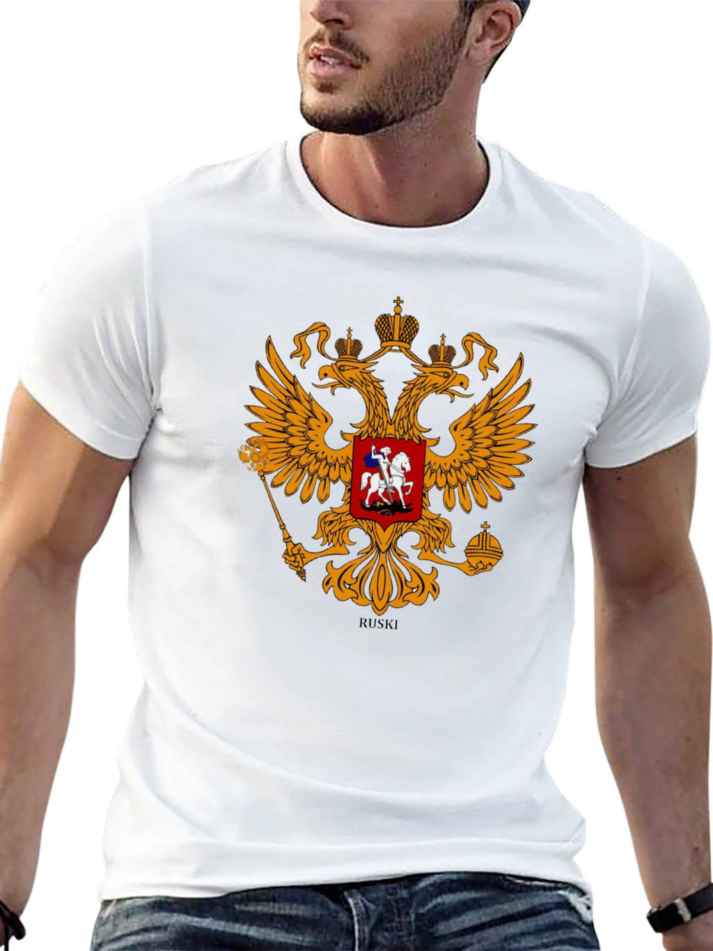 Black Tee with Russian Coat of Arms Graphic