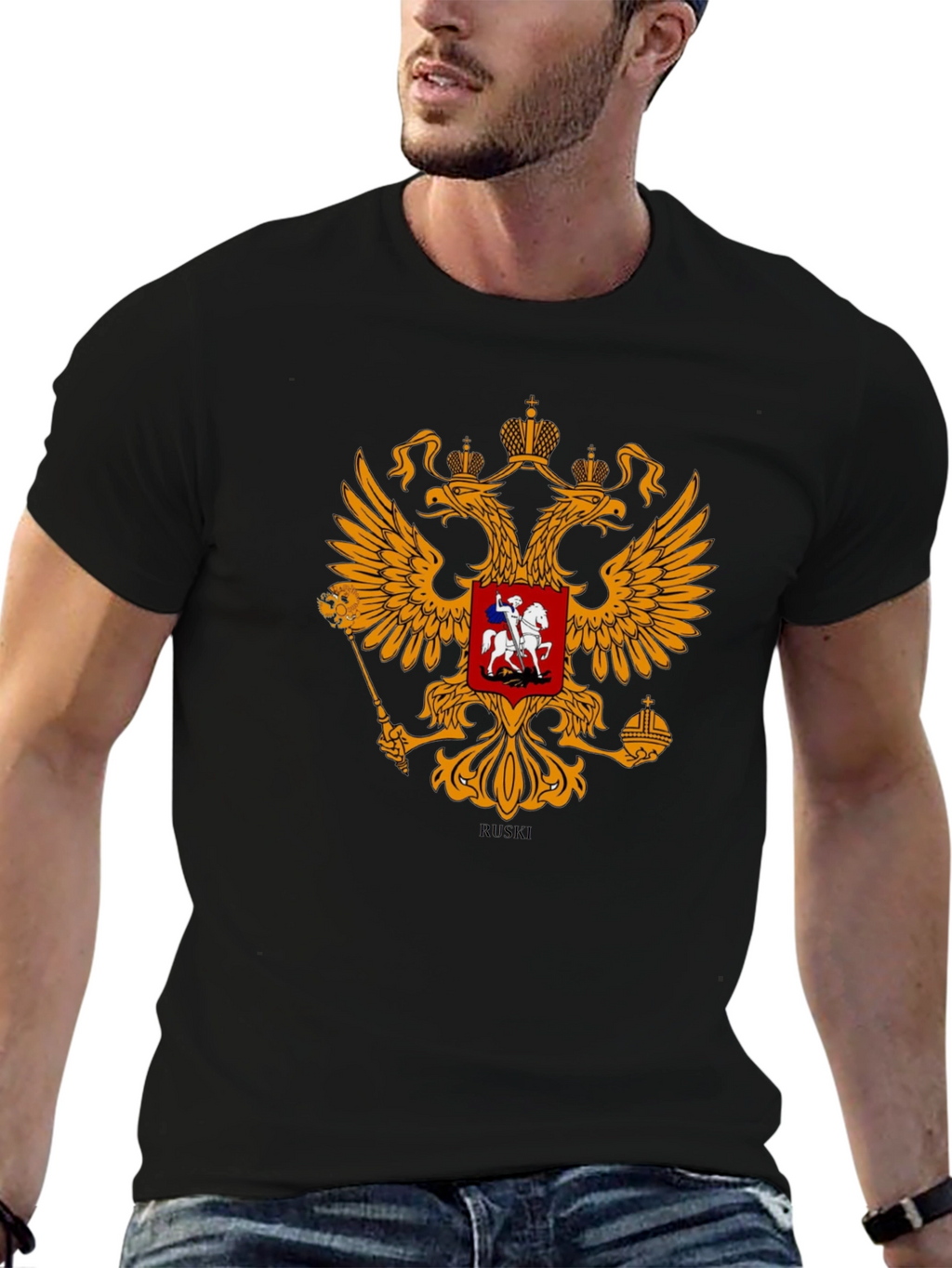 Black Tee with Russian Coat of Arms Graphic