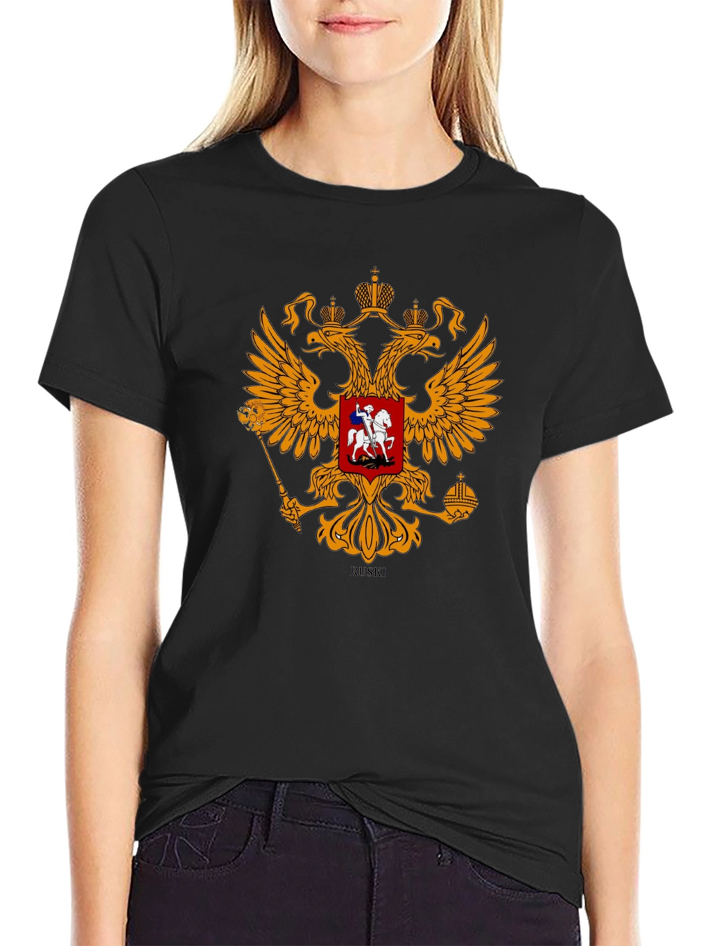 Black Tee with Russian Coat of Arms Graphic
