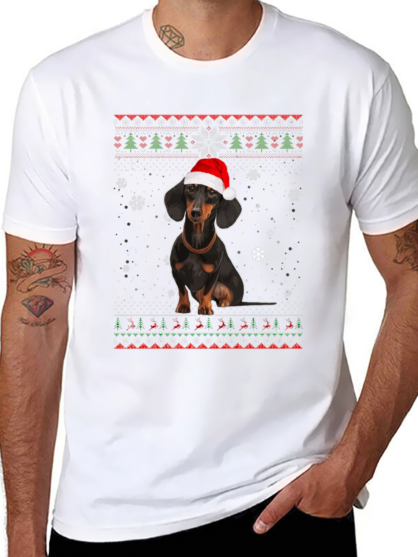 Dachshund Christmas T-Shirt - Ugly Sweater Style
