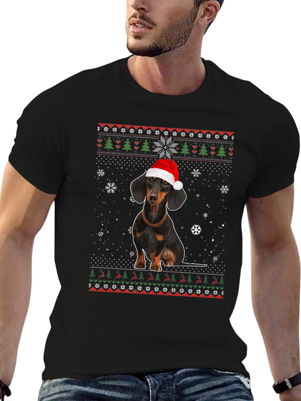 Dachshund Christmas T-Shirt - Ugly Sweater Style