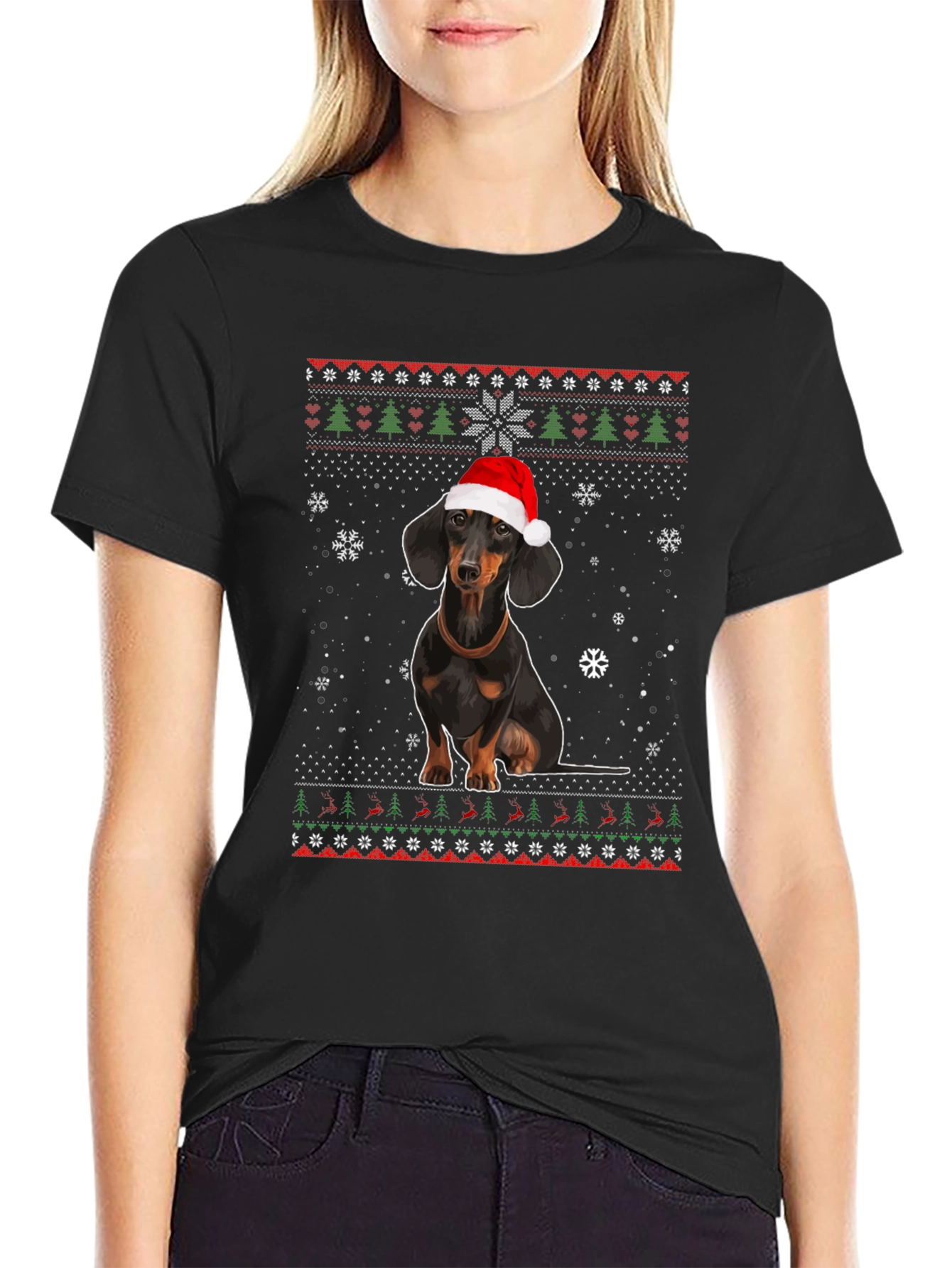 Dachshund Christmas T-Shirt - Ugly Sweater Style
