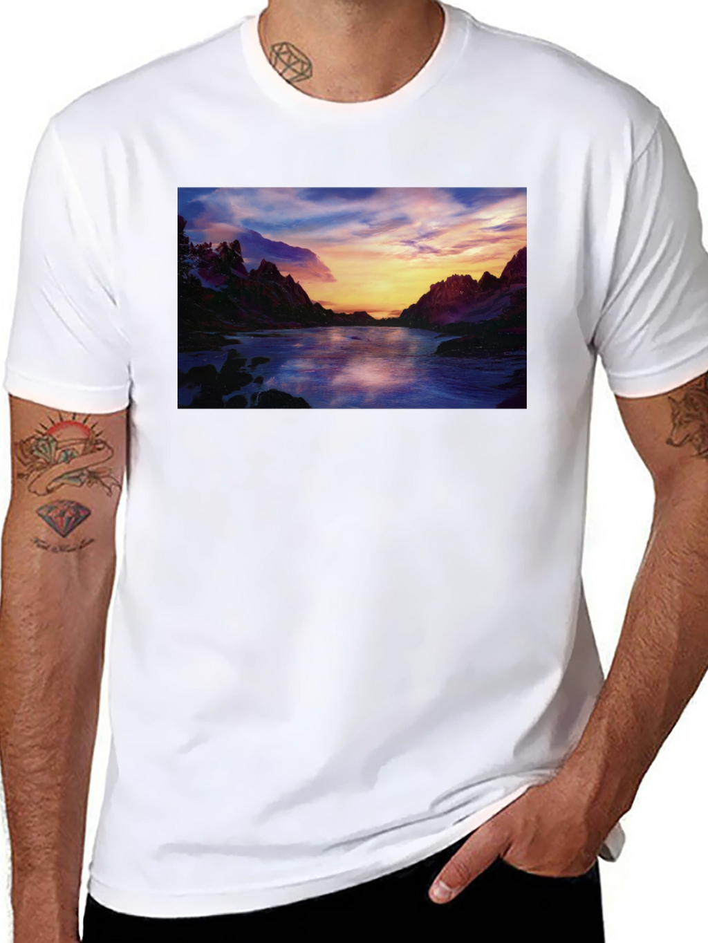 Scenic Sunset River T-Shirt - Black