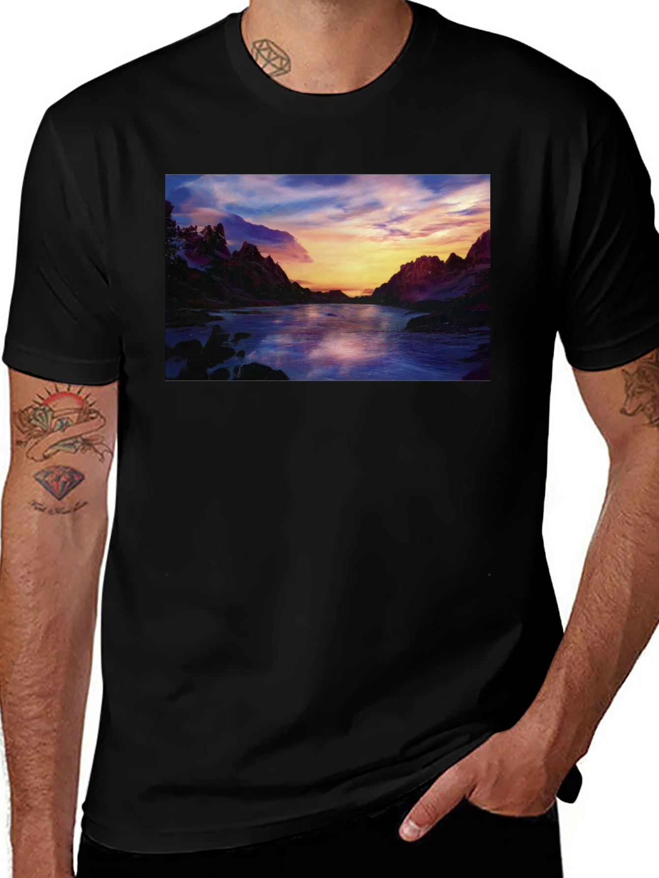 Scenic Sunset River T-Shirt - Black