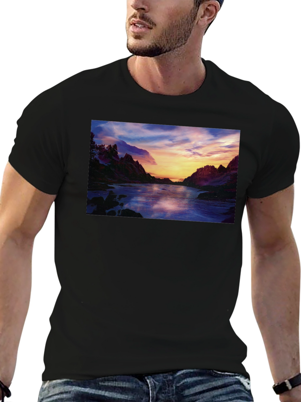 Scenic Sunset River T-Shirt - Black