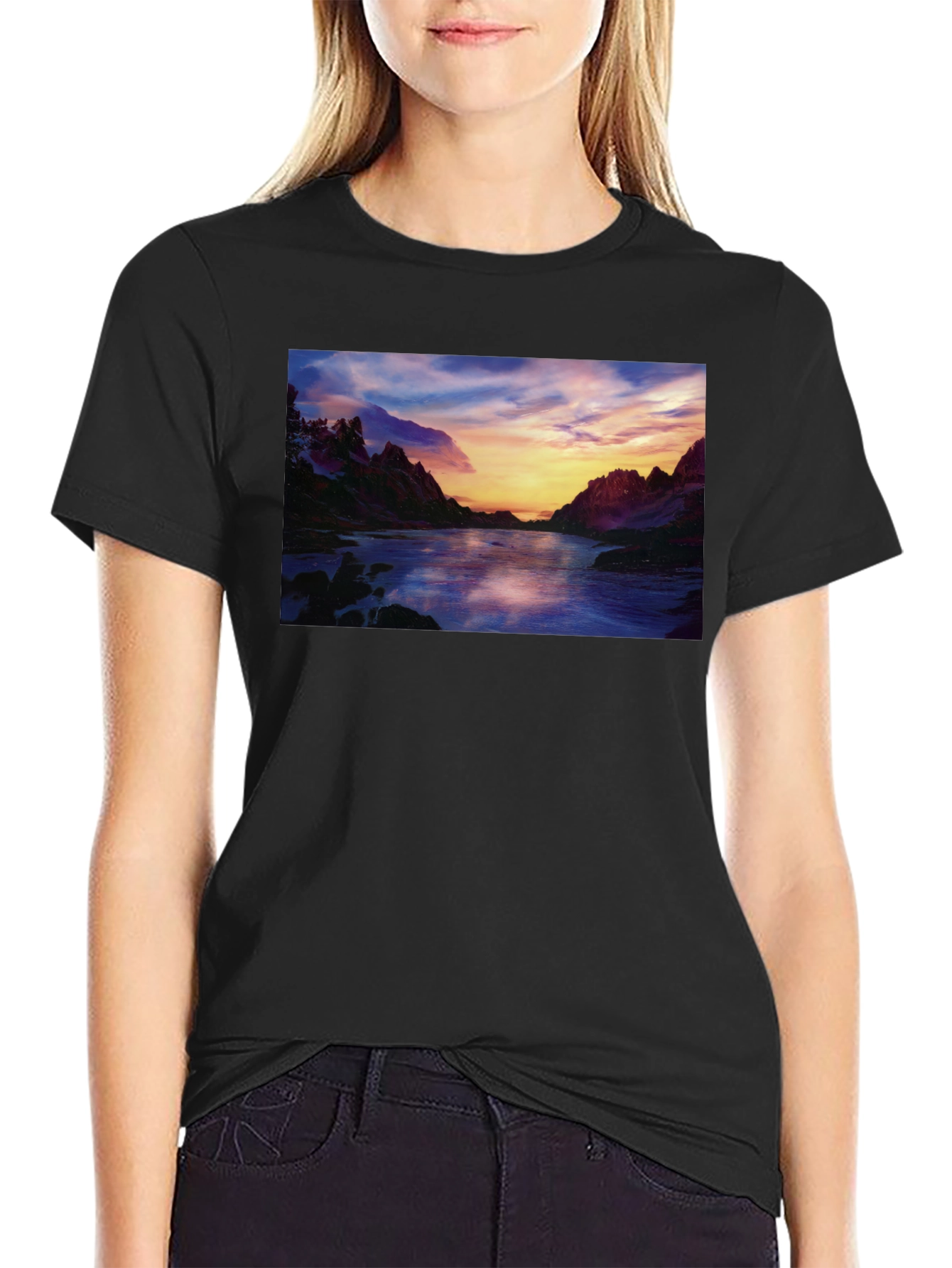Scenic Sunset River T-Shirt - Black