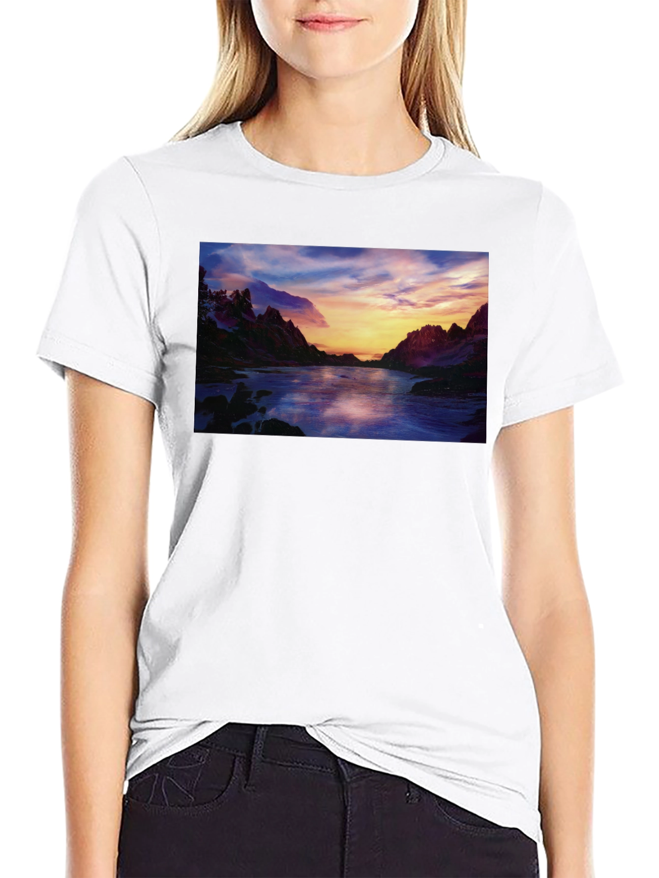 Scenic Sunset River T-Shirt - Black