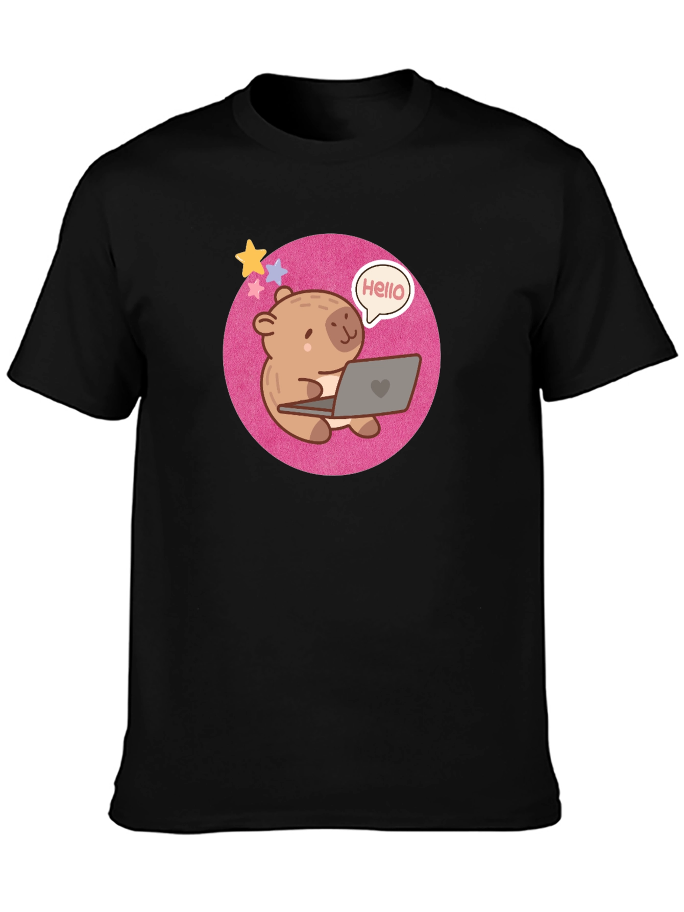Cute Bear Laptop Tee - Hello World! Black Shirt
