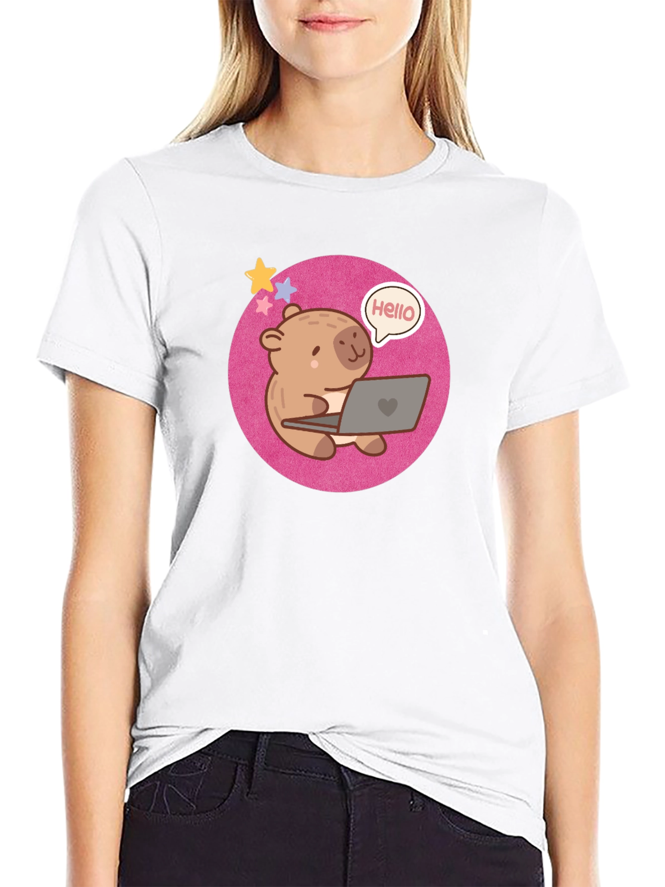 Cute Bear Laptop Tee - Hello World! Black Shirt