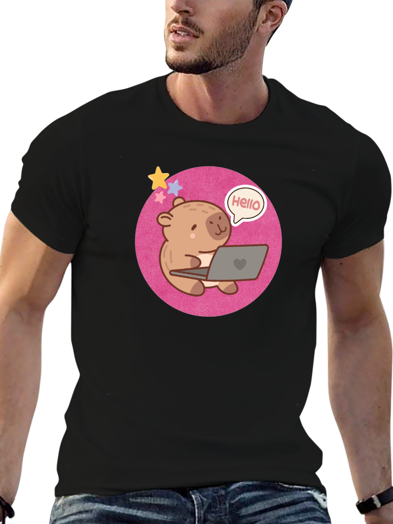 Cute Bear Laptop Tee - Hello World! Black Shirt