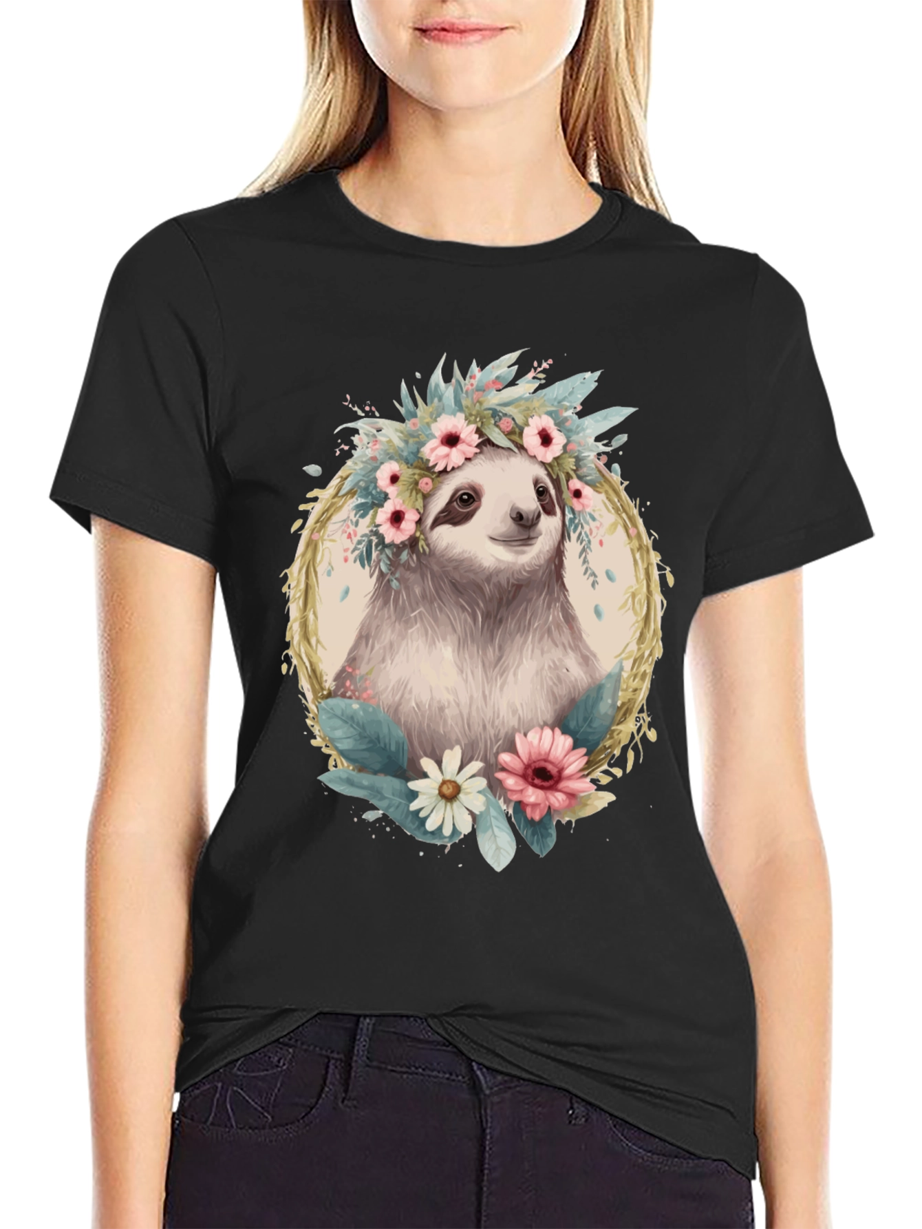 Sloth Floral Crown T-Shirt - Relaxed Comfort