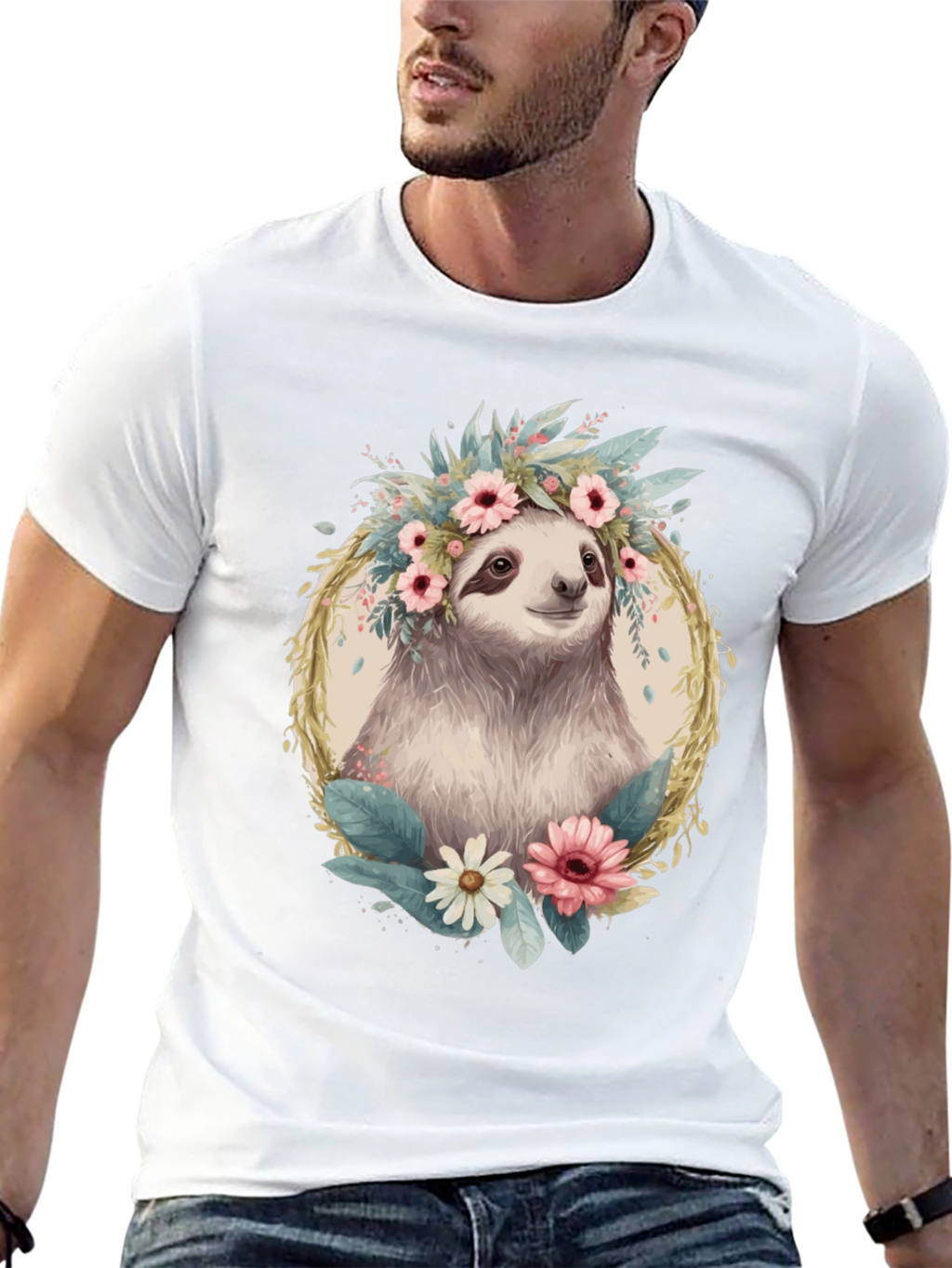 Sloth Floral Crown T-Shirt - Relaxed Comfort