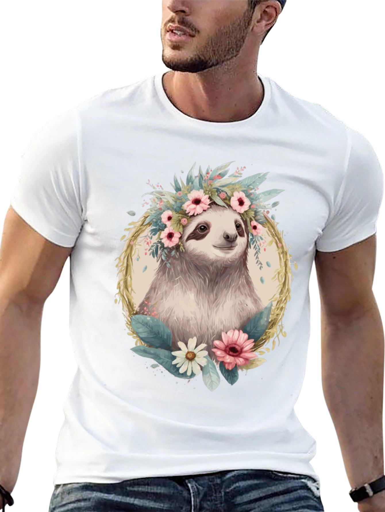 Sloth Floral Crown T-Shirt - Relaxed Comfort