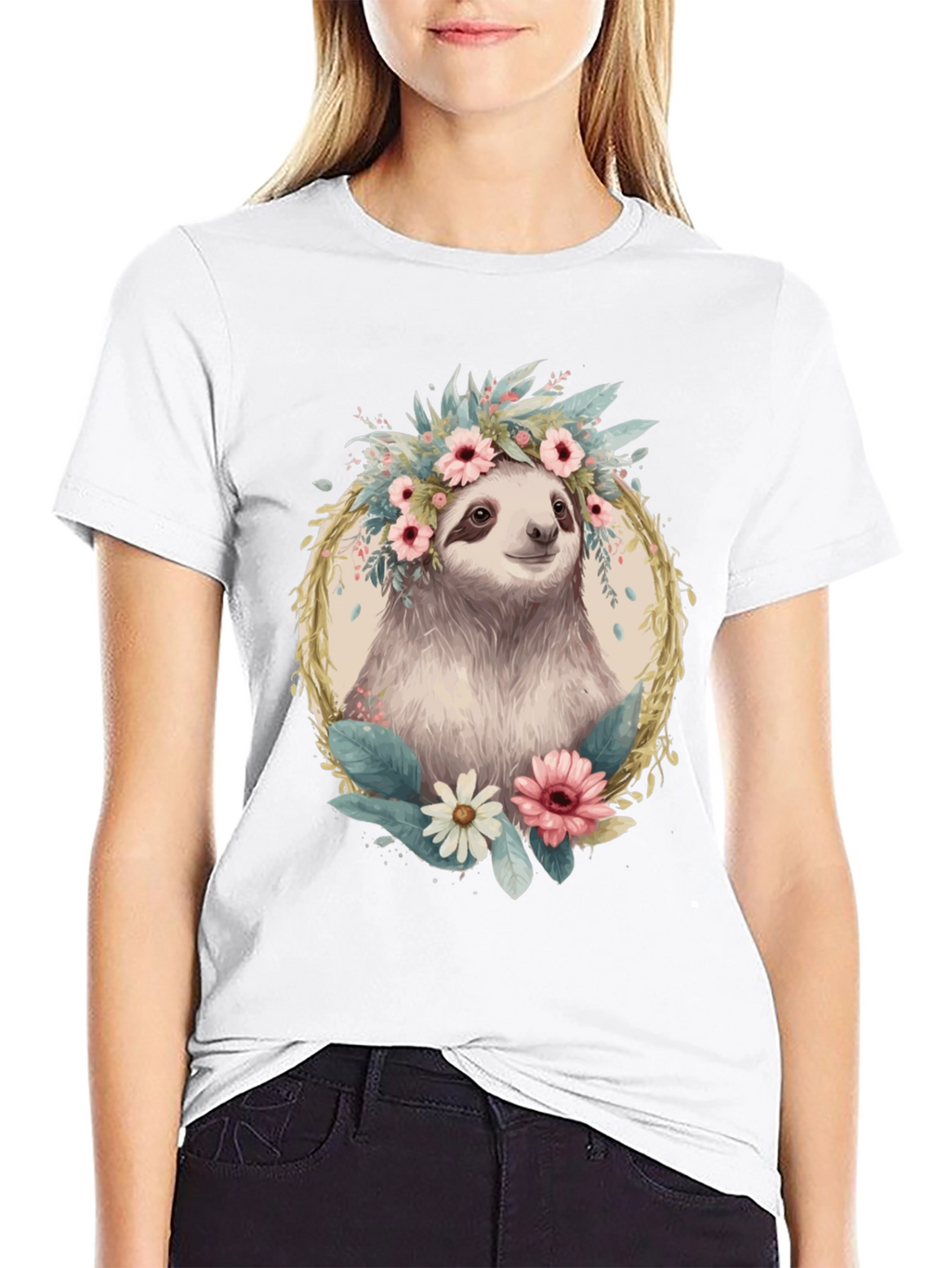 Sloth Floral Crown T-Shirt - Relaxed Comfort